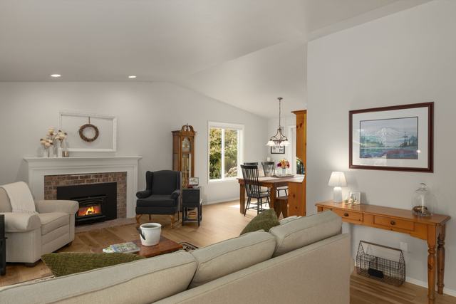 Living room and the wood-burning fireplace
